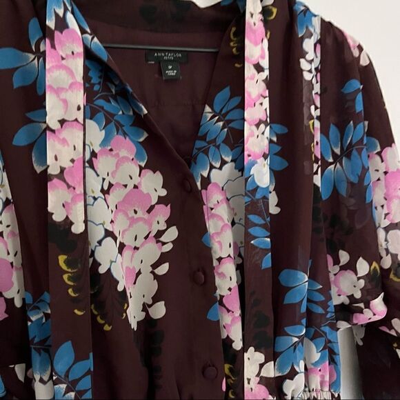 Ann Taylor Women’s Floral Tie Neck Shirt Dress Brown Pink Size‎ Small Petite - Picture 7 of 11